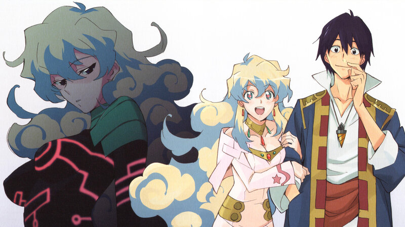 Three Anime Characters — Blue, Dramatic, Clouds, Costumes