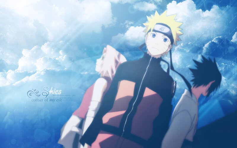 Three Anime Characters — Blue, Dramatic, Clouds, Sky