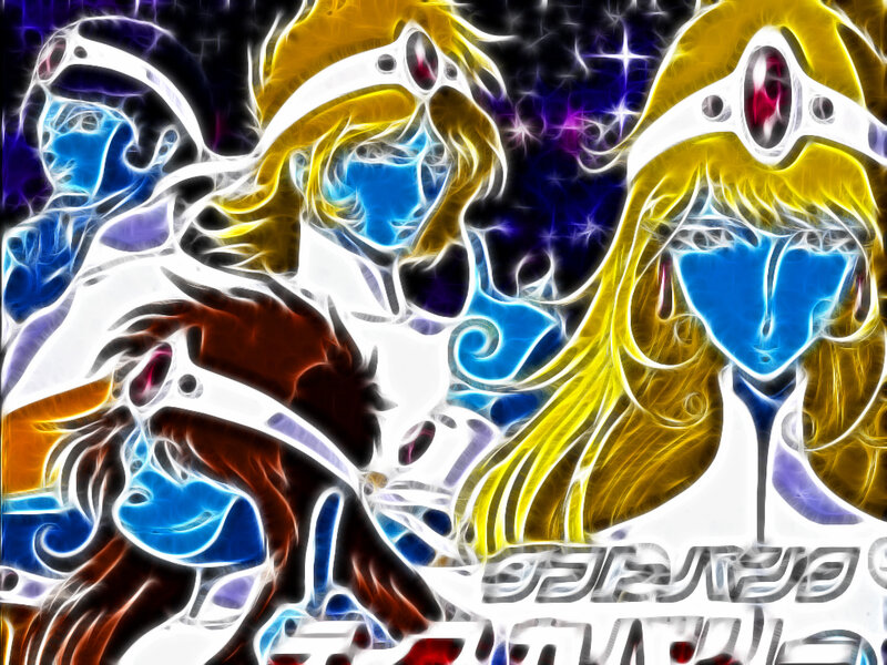 Three Anime Characters — Blue, Dramatic, Digital Art, Crown