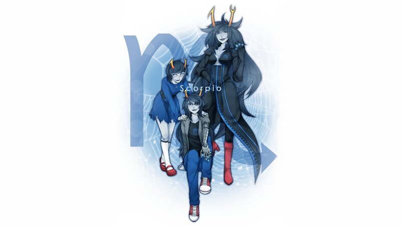 Three Anime Characters — Blue, Dramatic, Digital Art, Scorpio Symbol