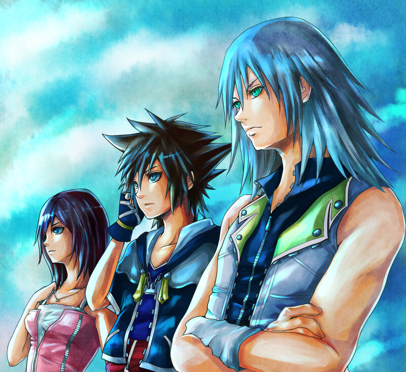 Three Anime Characters — Blue, Dramatic, Digital Art, Sky