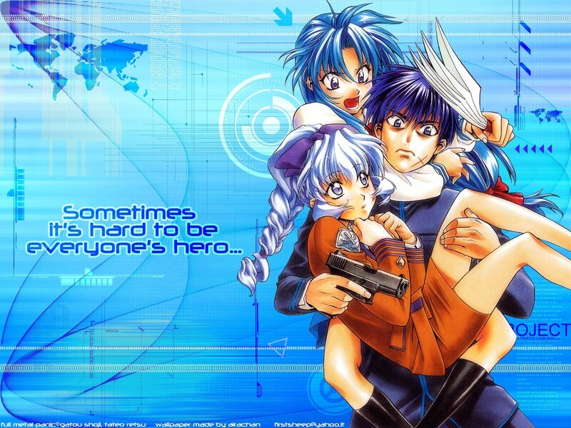 Three Anime Characters — Blue, Dramatic, Gun, World Map