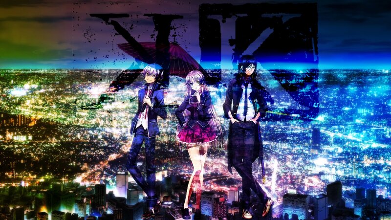 Three Anime Characters — Blue, Dramatic, Night, Cityscape