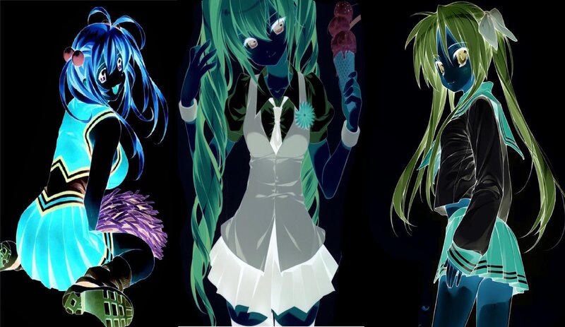 Three Anime Characters — Blue, Dramatic, Night, Digital Art, Cheerleader Outfit