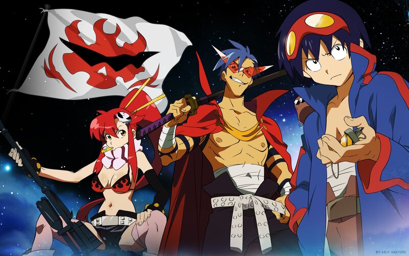 Three Anime Characters — Blue, Dramatic, Night, Flag