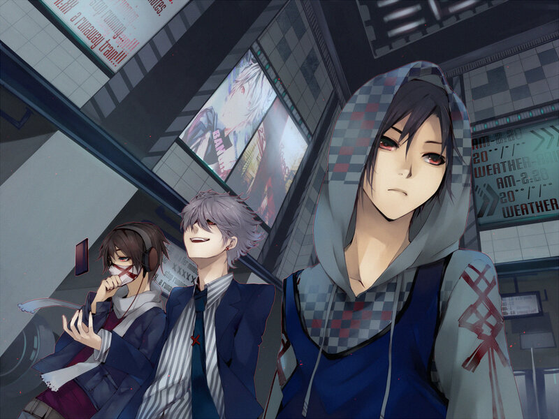 Three Anime Characters — Blue, Dramatic, Night, Hoodie