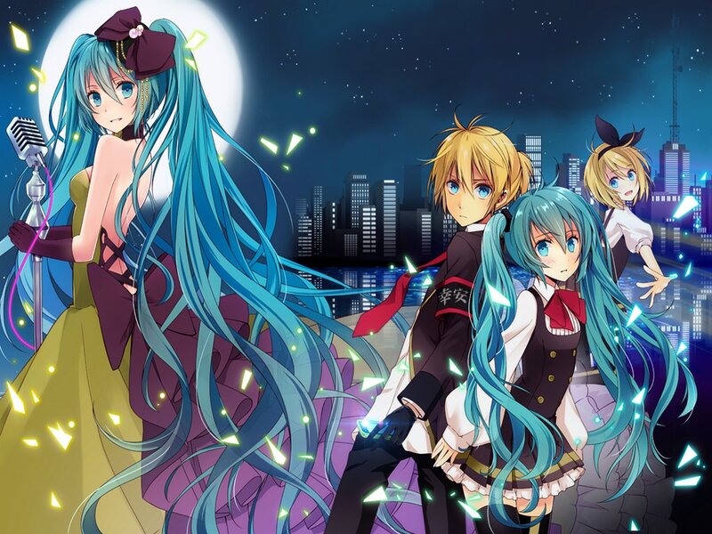Three Anime Characters — Blue, Dramatic, Night, Microphone