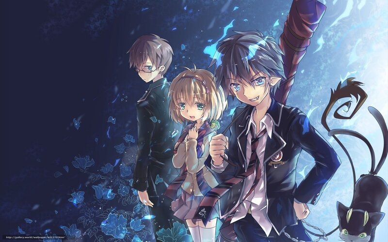Three Anime Characters — Blue, Dramatic, Night, School Uniform, Cat, Blue Energy