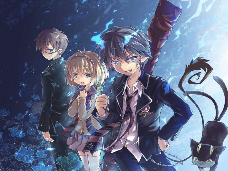 Three Anime Characters — Blue, Dramatic, Night, School Uniform