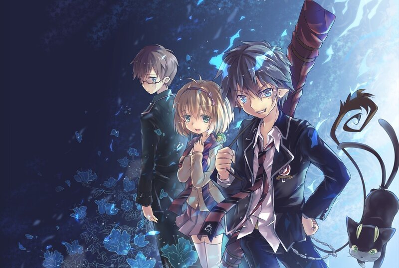 Three Anime Characters — Blue, Dramatic, Night, School Uniforms, Cat, Blue Flowers