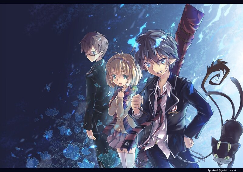 Three Anime Characters — Blue, Dramatic, Night, School Uniforms, Cat