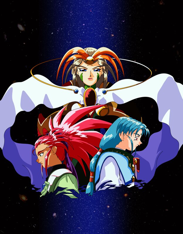 Three Anime Characters — Blue, Dramatic, Night, Space, Wings