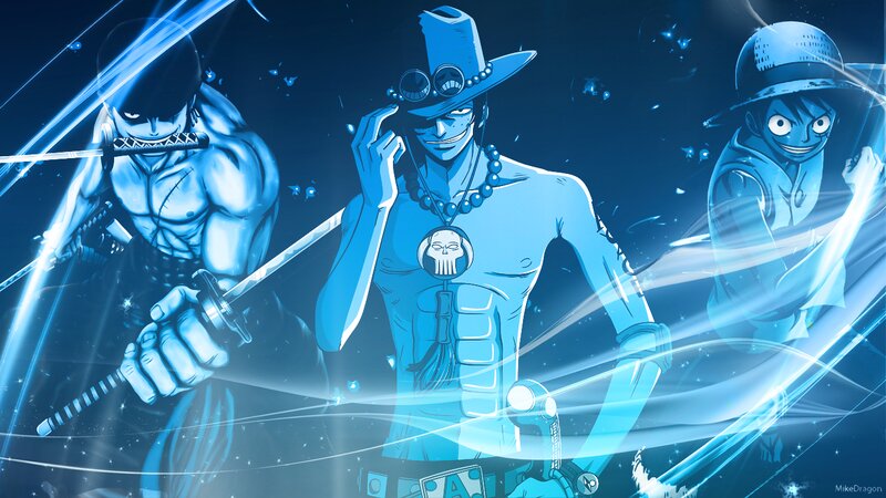 Three Anime Characters — Blue, Dramatic, Night, Swords