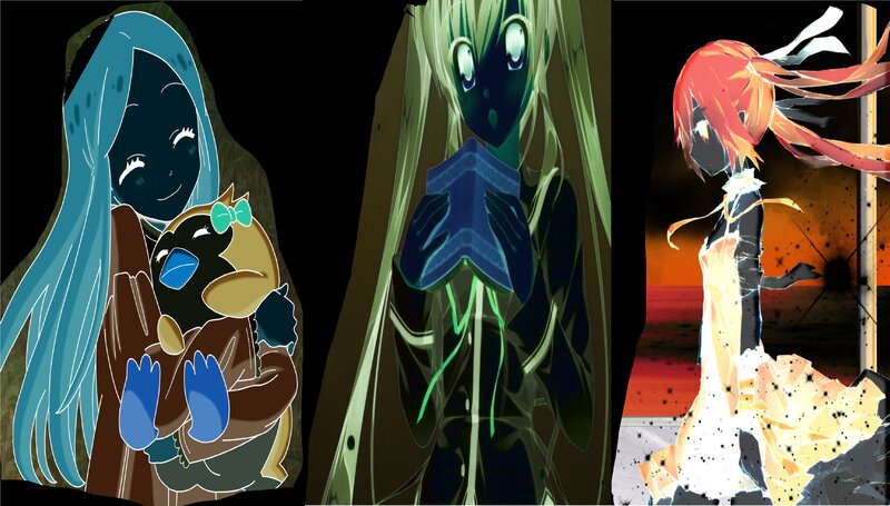 Three Anime Characters — Blue, Dramatic, Sunset, Book