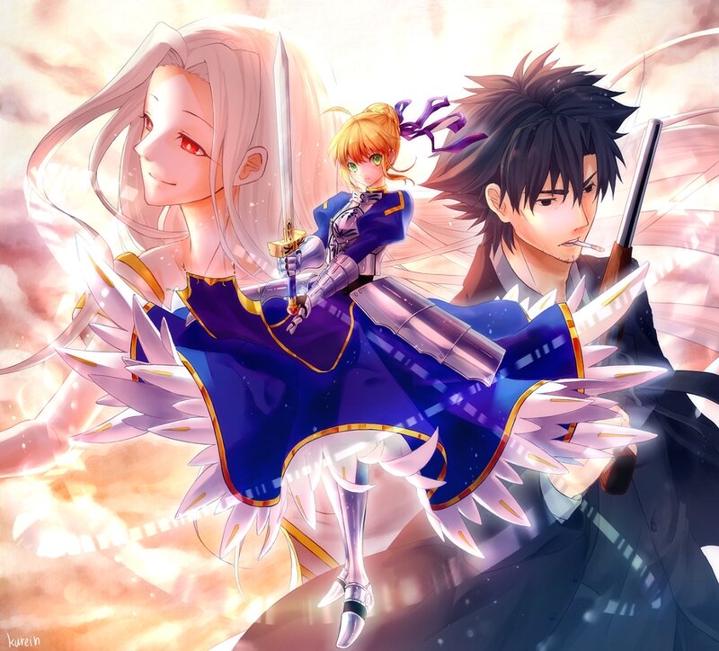 Three Anime Characters — Blue, Dramatic, Sunset, Sword