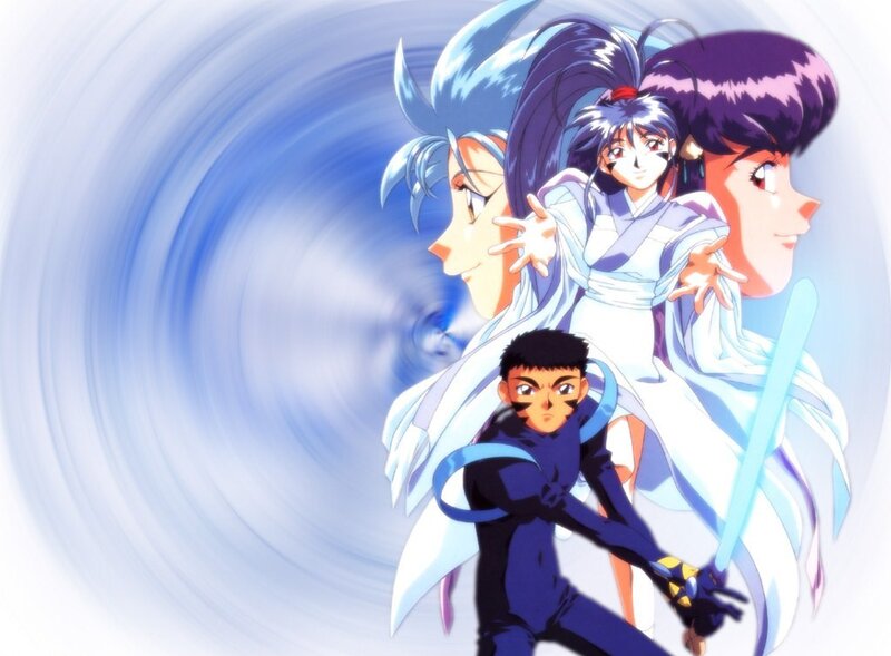 Three Anime Characters — Blue, Dramatic, Sword, Spiral Background