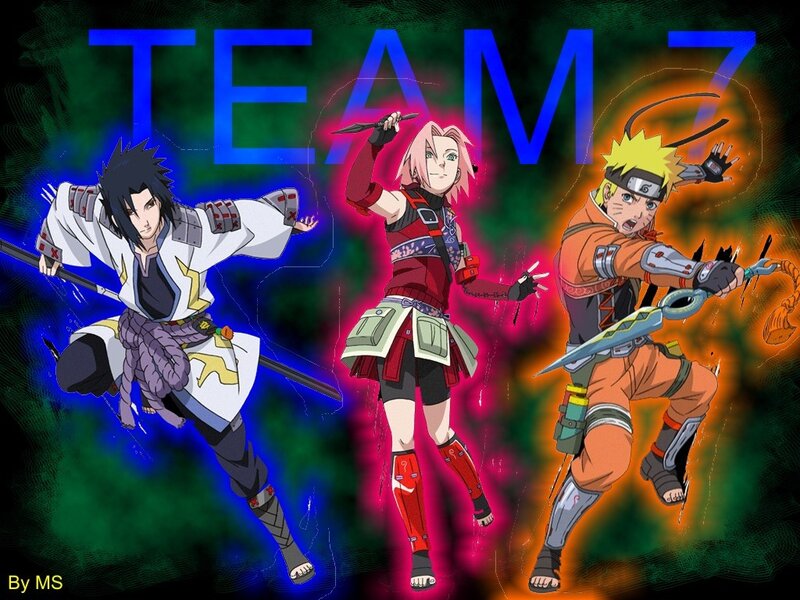 Three Anime Characters — Blue, Dramatic, Swords, Chakra, Team Logo