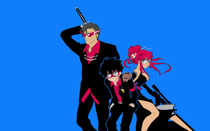 Three Anime Characters — Blue, Dramatic, Swords, Glasses, Red Hair