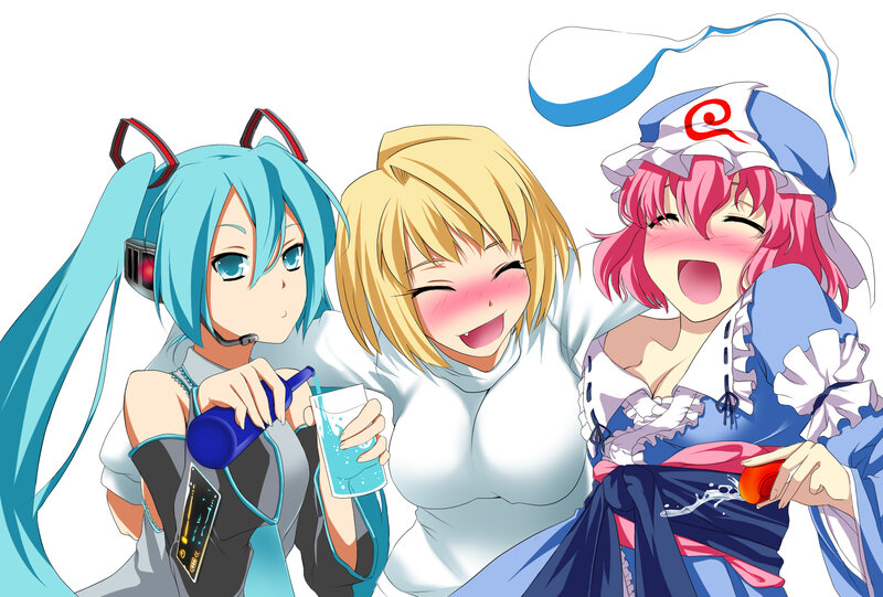 Three Anime Characters — Blue, Happy, Drink