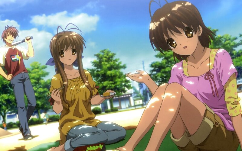 Three Anime Characters — Blue, Peaceful, Afternoon, Picnic