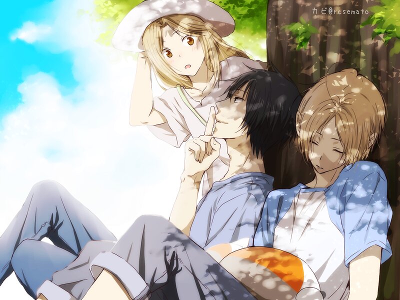 Three Anime Characters — Blue, Peaceful, Afternoon, Tree