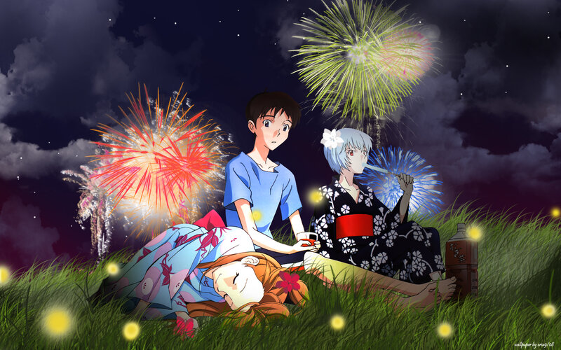 Three Anime Characters — Blue, Peaceful, Night