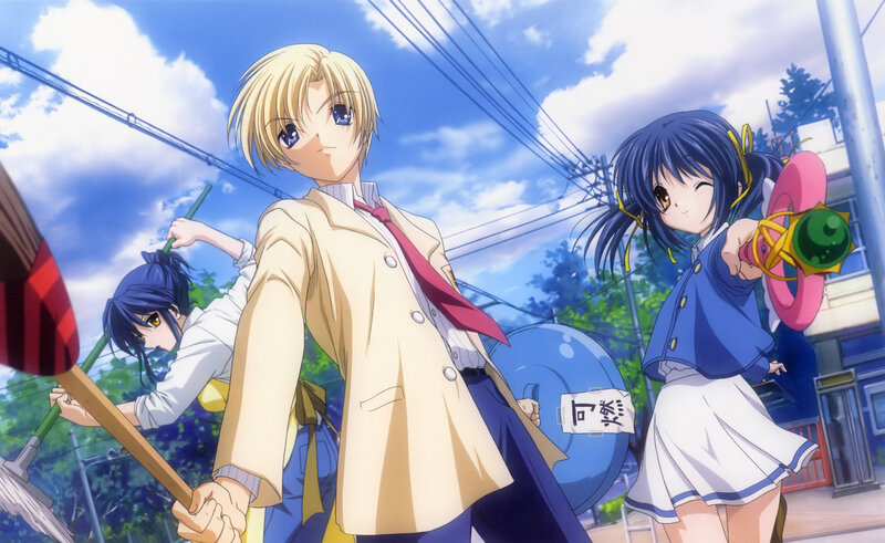 Three Anime Characters — Blue, Playful, Afternoon, School Uniforms