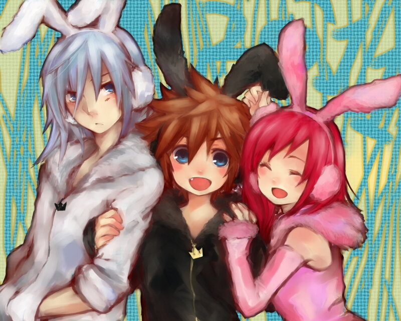 Three Anime Characters — Blue, Playful, Digital Art