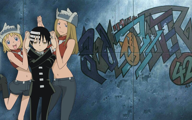 Three Anime Characters — Blue, Playful, Graffiti
