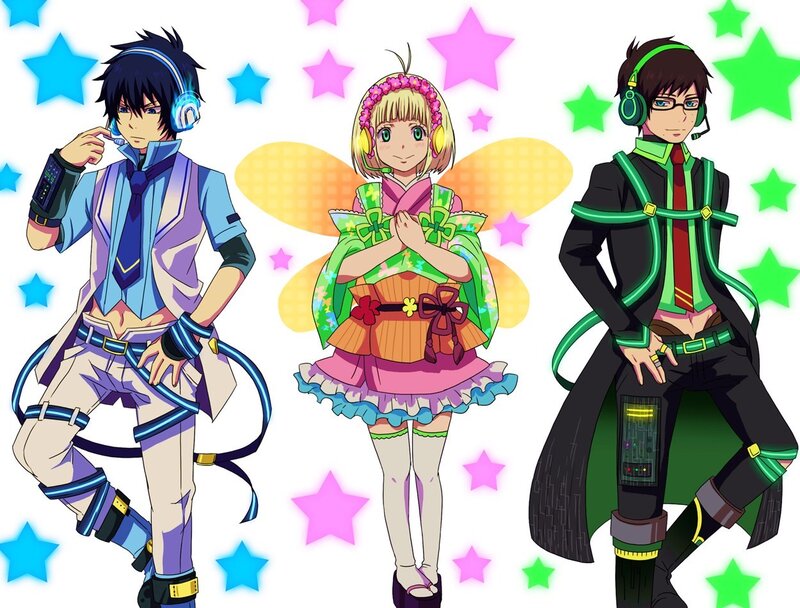 Three Anime Characters — Blue, Playful, Headphones