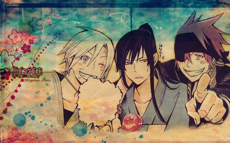 Three Anime Characters — Blue, Playful, Manga, Cherry Blossoms