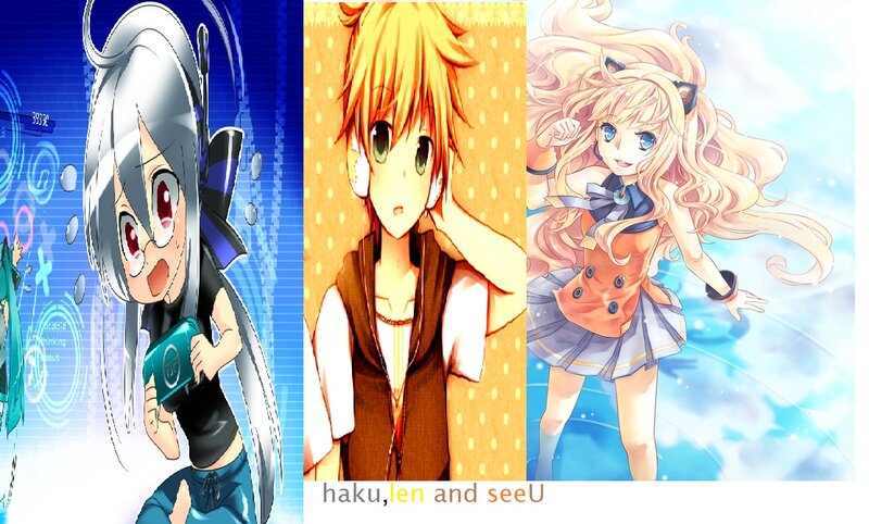 Three Anime Characters — Blue, Playful, Text Overlay