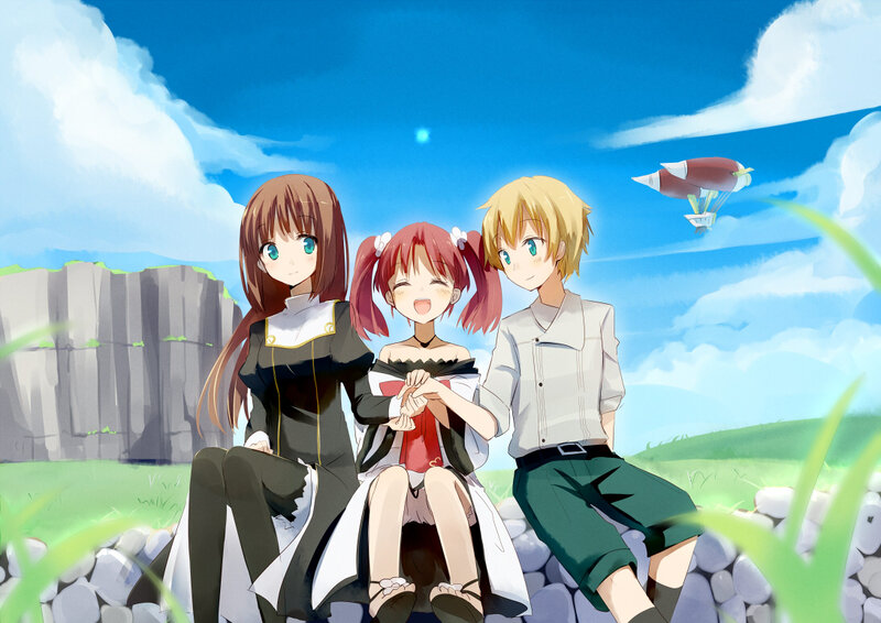 Three Anime Characters — Blue, Serene, Afternoon, Airship