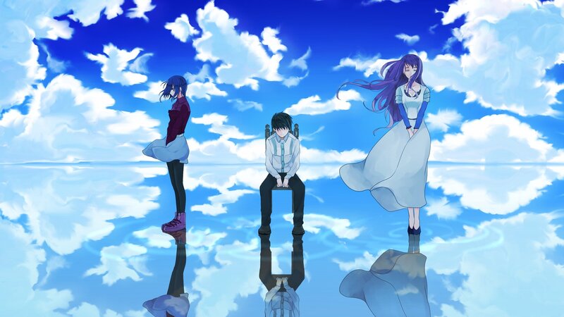 Three Anime Characters — Blue, Serene, Afternoon, Clouds