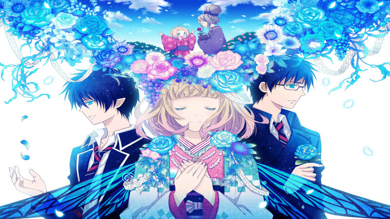 Three Anime Characters — Blue, Serene, Afternoon, Flowers