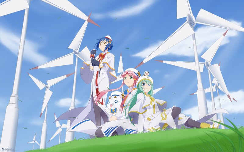Three Anime Characters — Blue, Serene, Afternoon, Wind Turbines