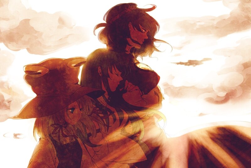 Three Anime Characters — Brown, Dramatic, Sunset, Clouds