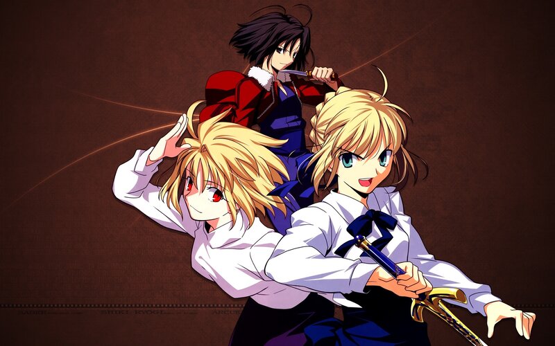 Three Anime Characters — Brown, Dramatic, Swords, Blonde Hair