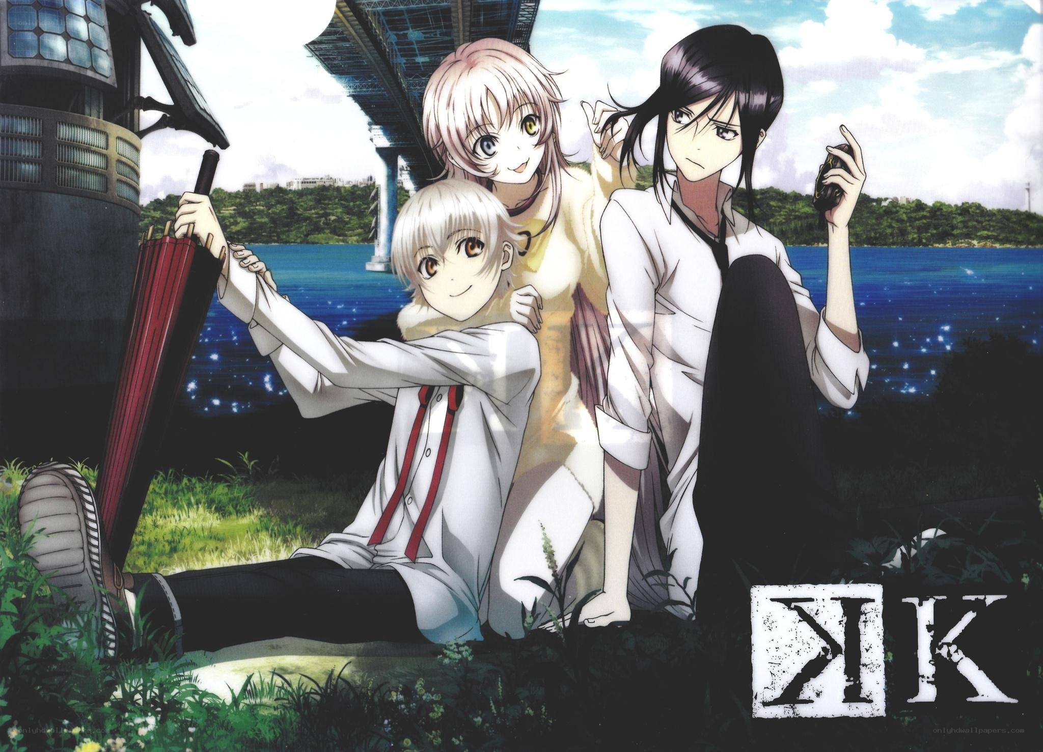 Three anime characters by the water