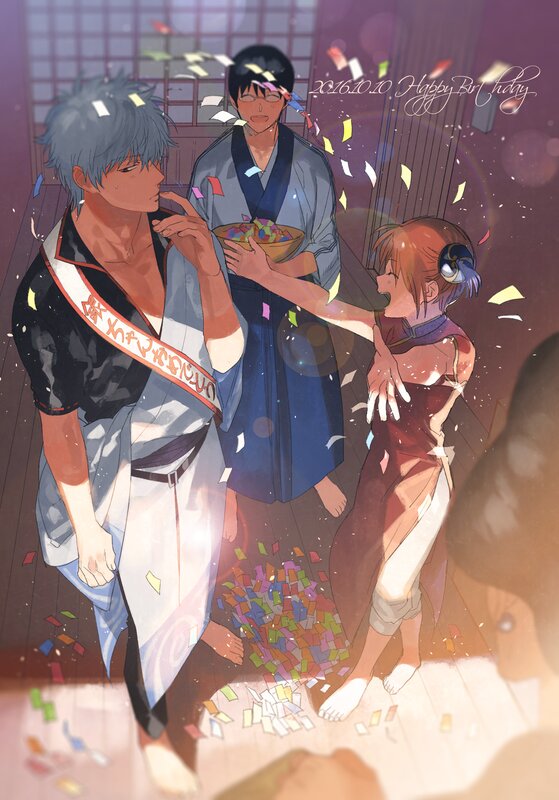 Three Anime Characters Celebrating — Purple