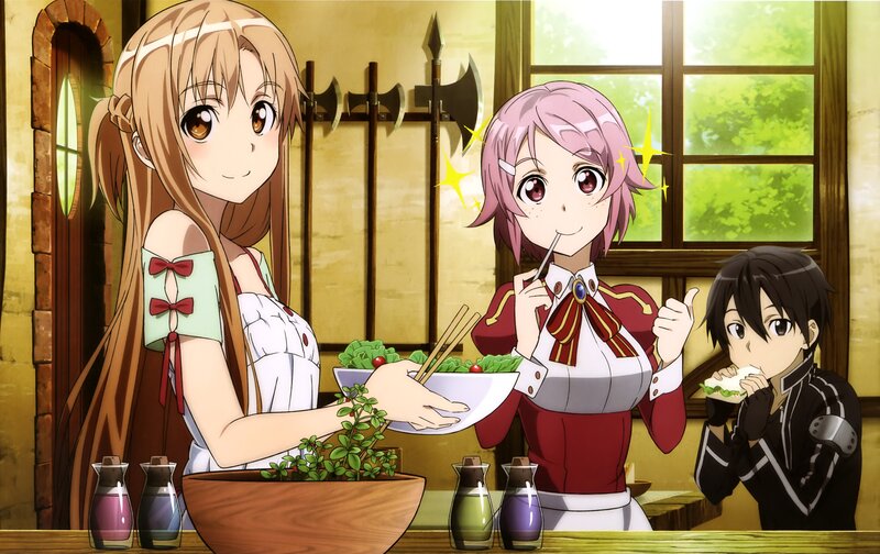 Three Anime Characters Eating — Brown
