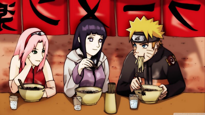 Three Anime Characters Eating — Red, Casual