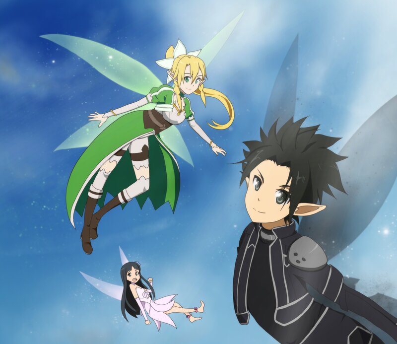 Three Anime Characters Flying — Blue, Serene