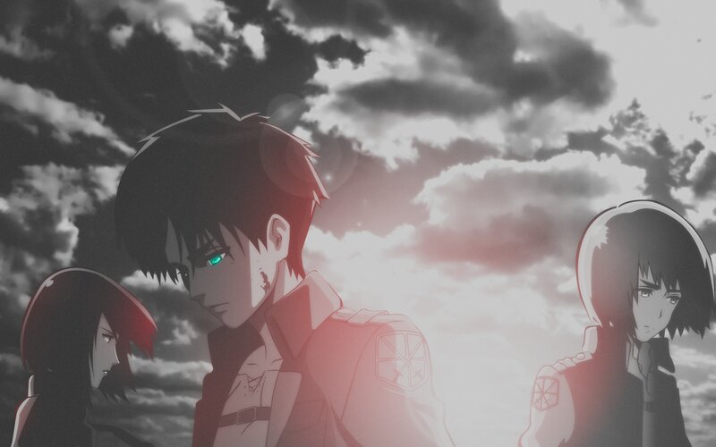 Three Anime Characters — Gray, Dramatic, Sunset, Clouds