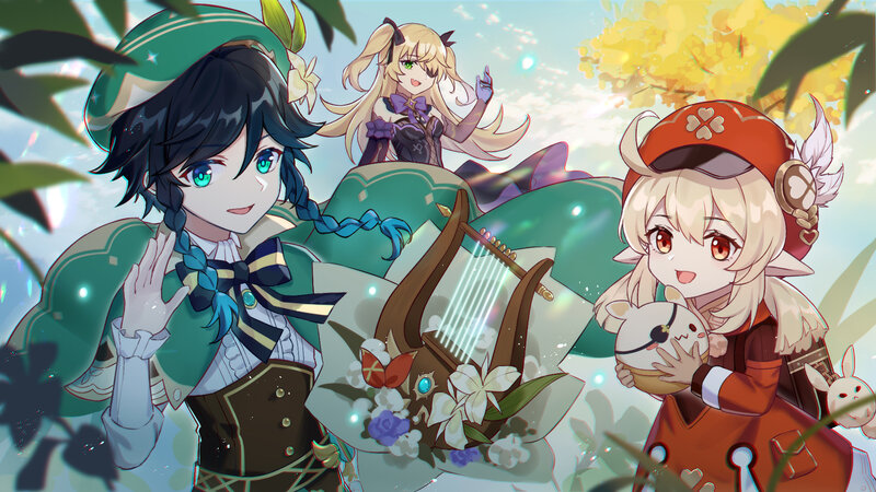 Three Anime Characters — Green, Cheerful, Spring