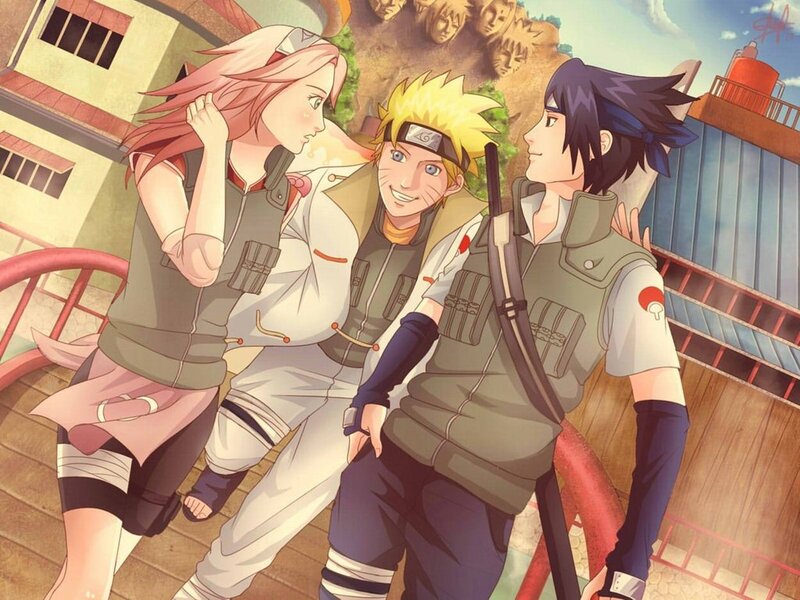 Three Anime Characters — Green, Peaceful, Afternoon, Building