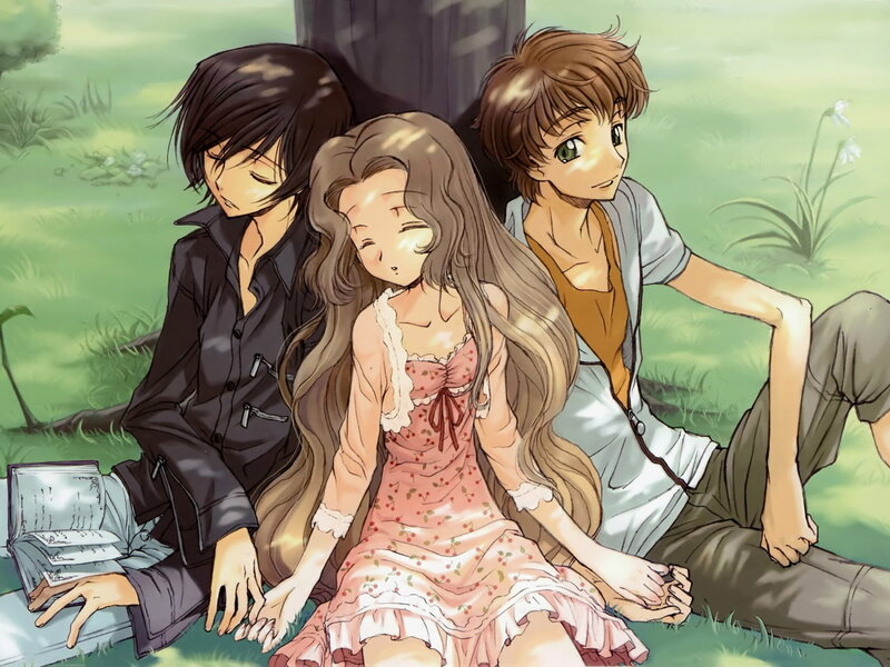 Three Anime Characters — Green, Peaceful, Afternoon, Grass