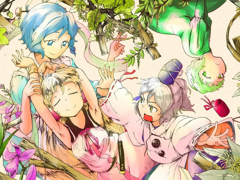 Three Anime Characters — Green, Playful, Spring