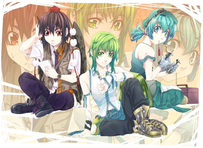 Three Anime Characters — Green, Relaxed, Cell Phone
