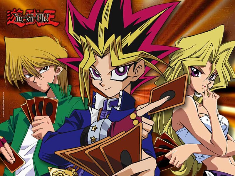 Three Anime Characters Holding Cards